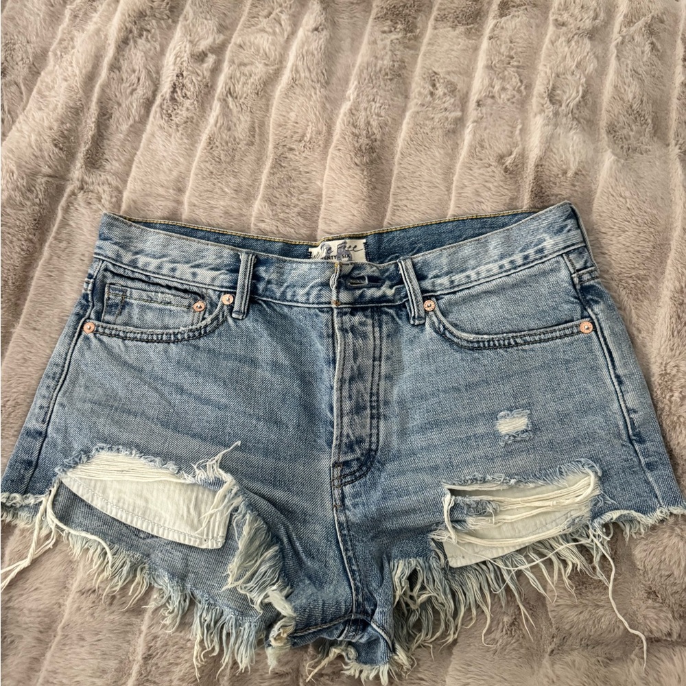 Free People Light Blue Distressed Jean Shorts